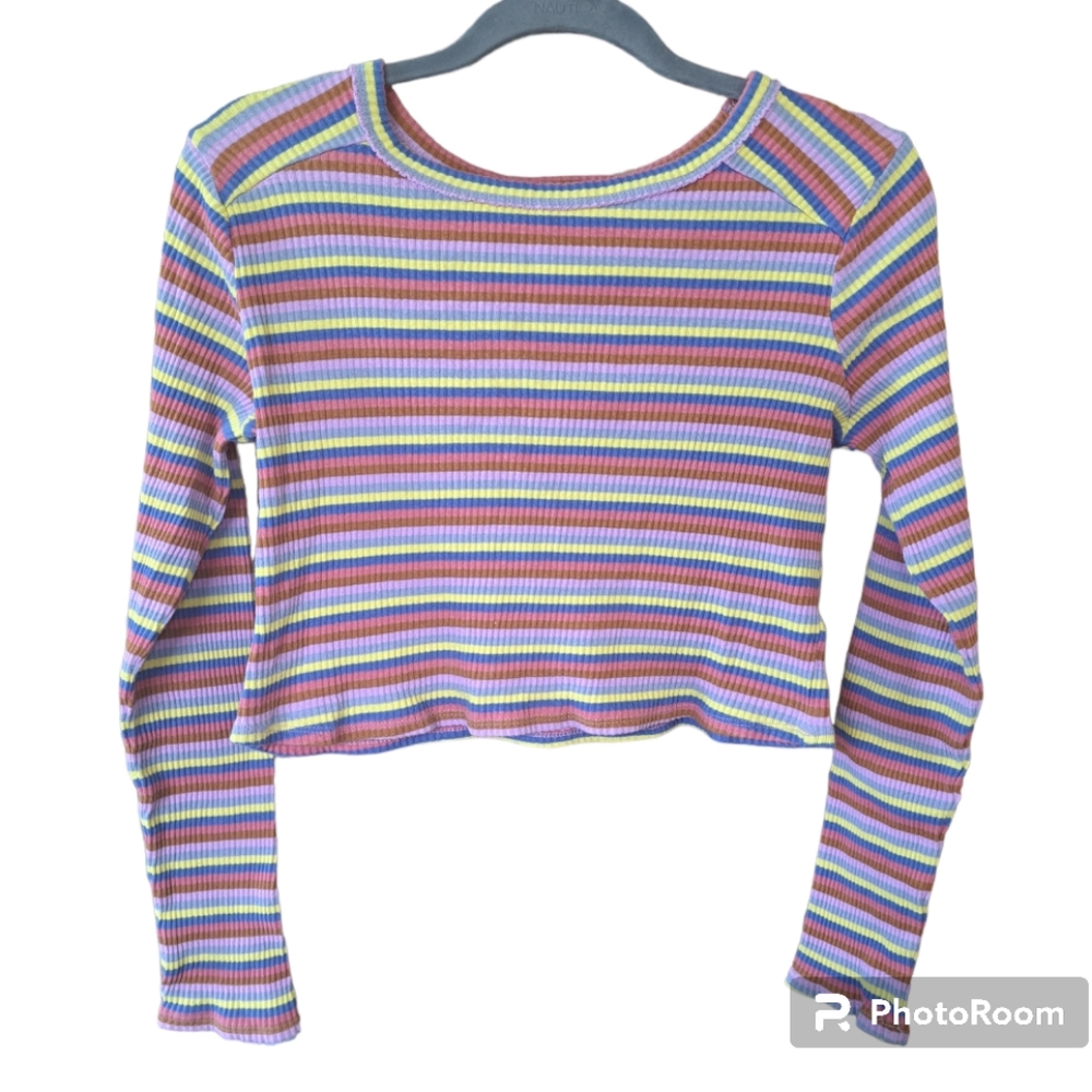 Wild Fable Ribbed Striped Long Sleeve Crop Top Shirt Sz L